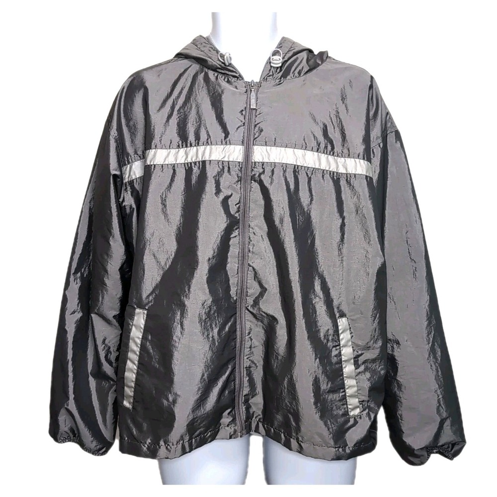 Vtg 90s Actra Full-Zip Hooded Windbreaker Mens XL Gray/Silver Reflective Stripes